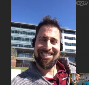 COMS graduate Nick pictured outside his job skyping with me for this interview!