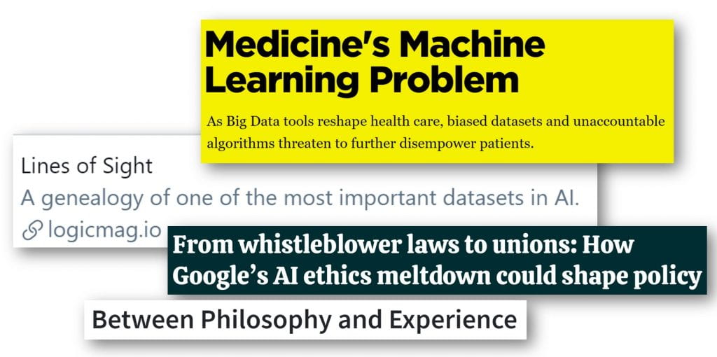 Four headlines: Medicine's Machine Learning Problem, From Whistleblower laws to unions, Between Philosophy and Experience, Lines of Sight
