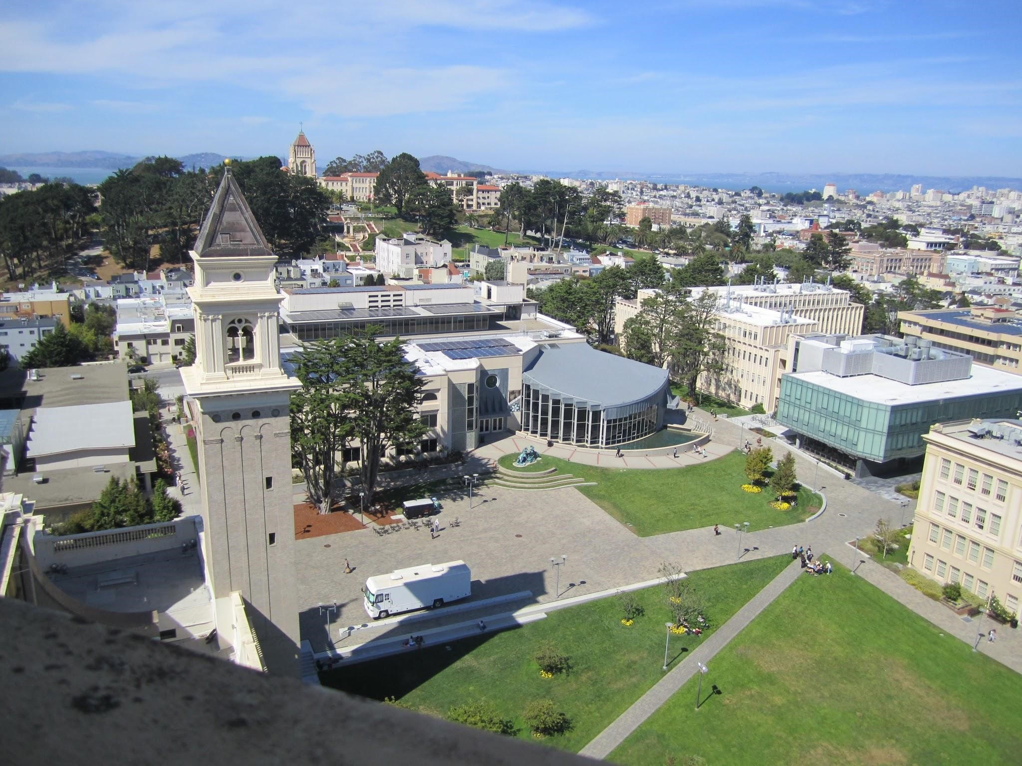 The campus, with the northeast tower, the quad, the library, Harney Science Center, with the city and the north bay beyond!!