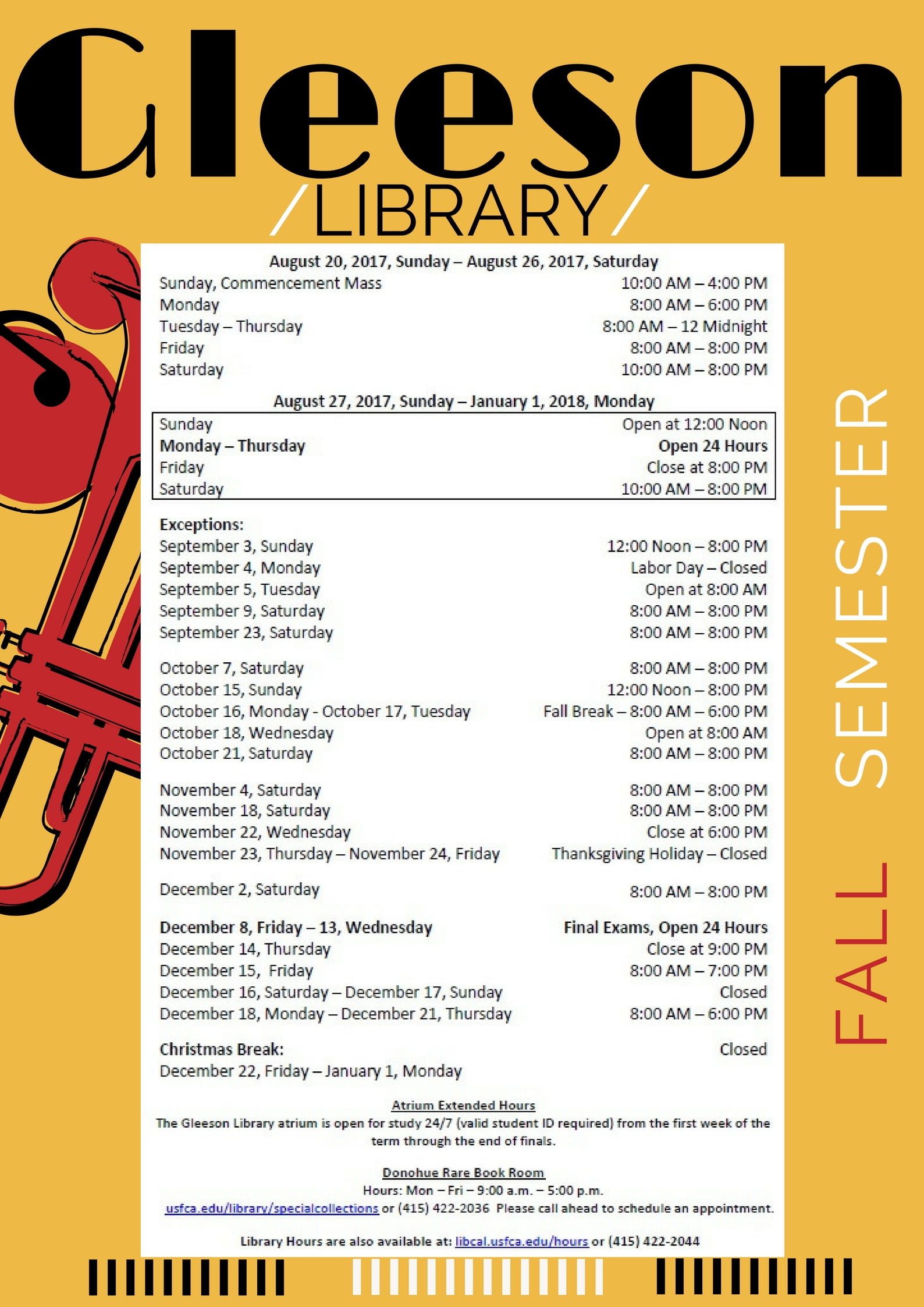 Printable PDF of Gleeson Library Hours Fall 2017