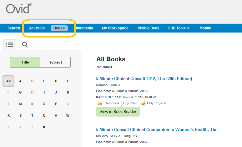 "All Books" list in Ovid as a screenshot