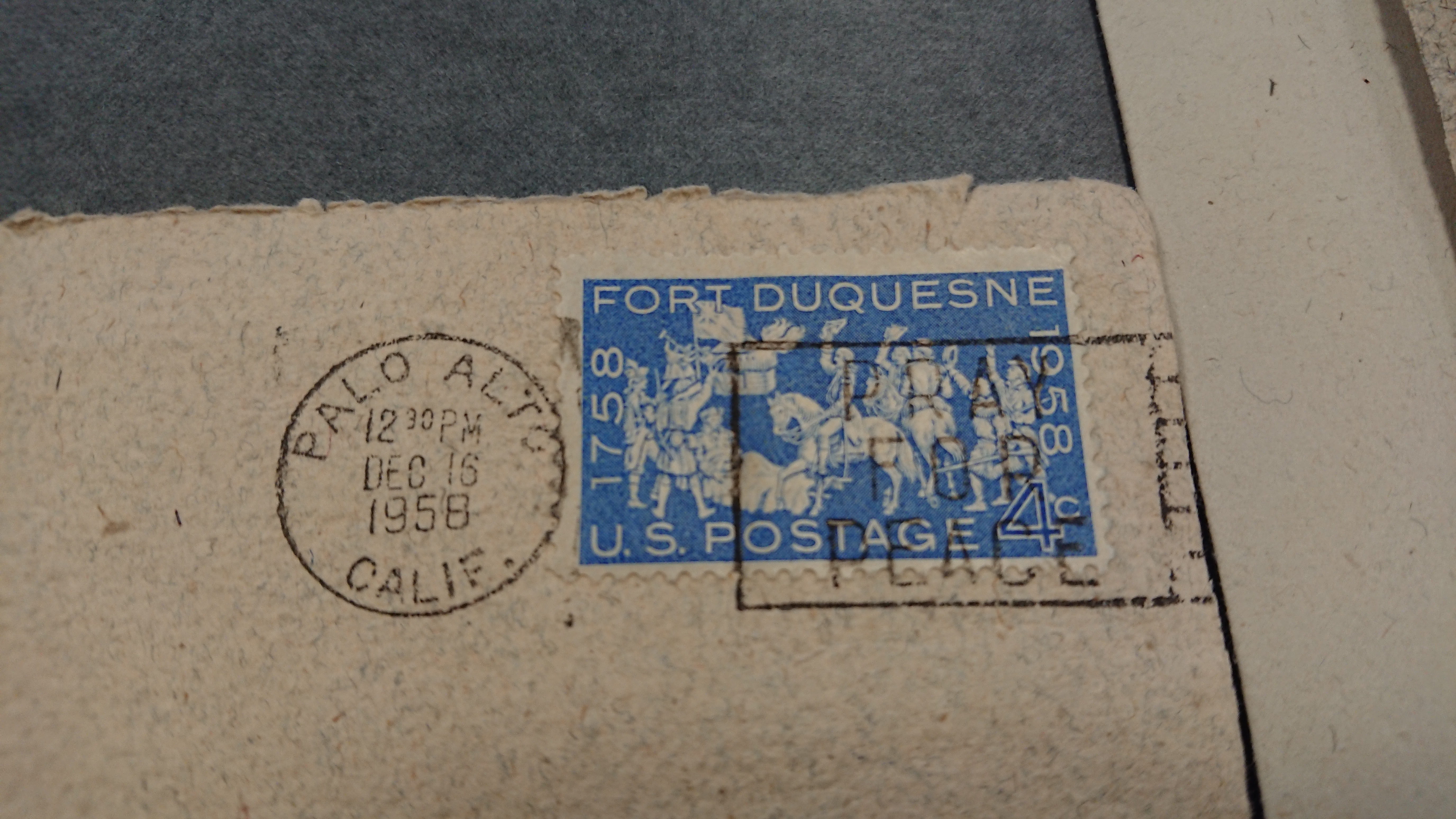Postage noting the travel through Palo Alto, California on December 15, 1958
