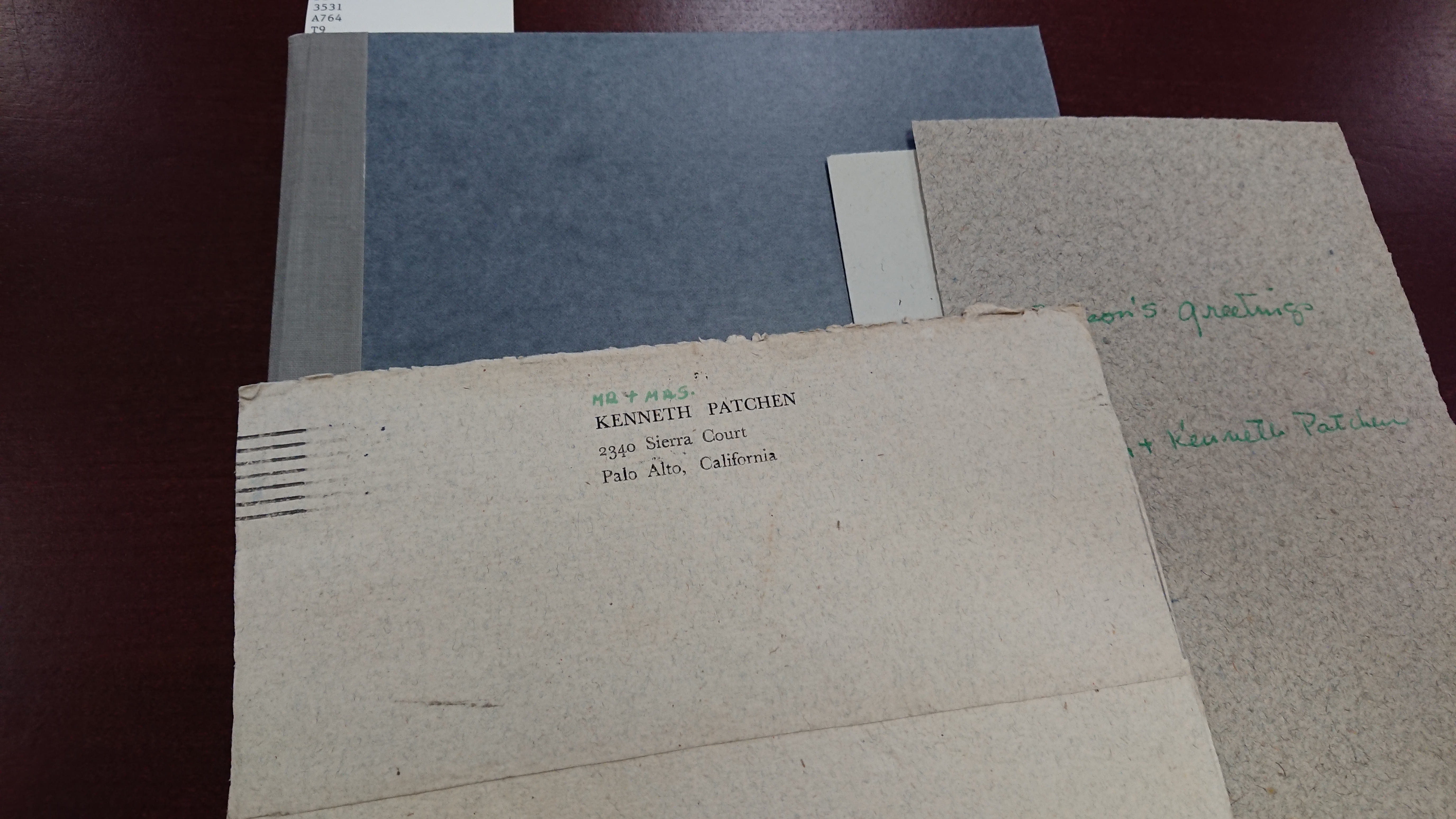 Back of envelope with return address of Kenneth Patchen with Mr. and Mrs. handwritten above