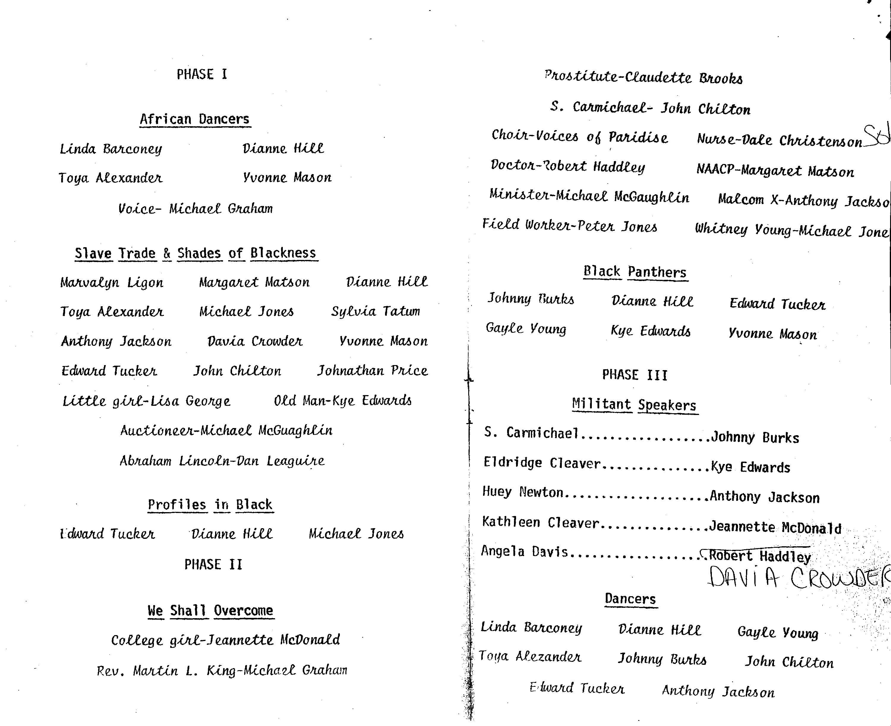 Playbill of the cast for a production of "The Three Phases of the Black Man" (1972)