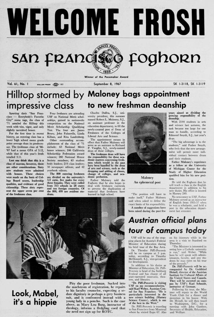 Front page of the 1967 USF student newsletter, the Foghorn, welcoming new Freshmen