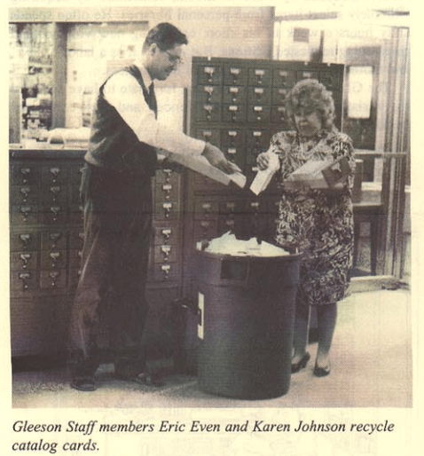 Gleeson Staff members Eric Ewen and Karen Johnson recycling catalog cards