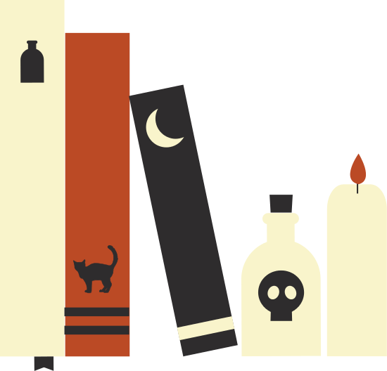 Cartoon image of spooky books, bottle of poison, and a lit candle.
