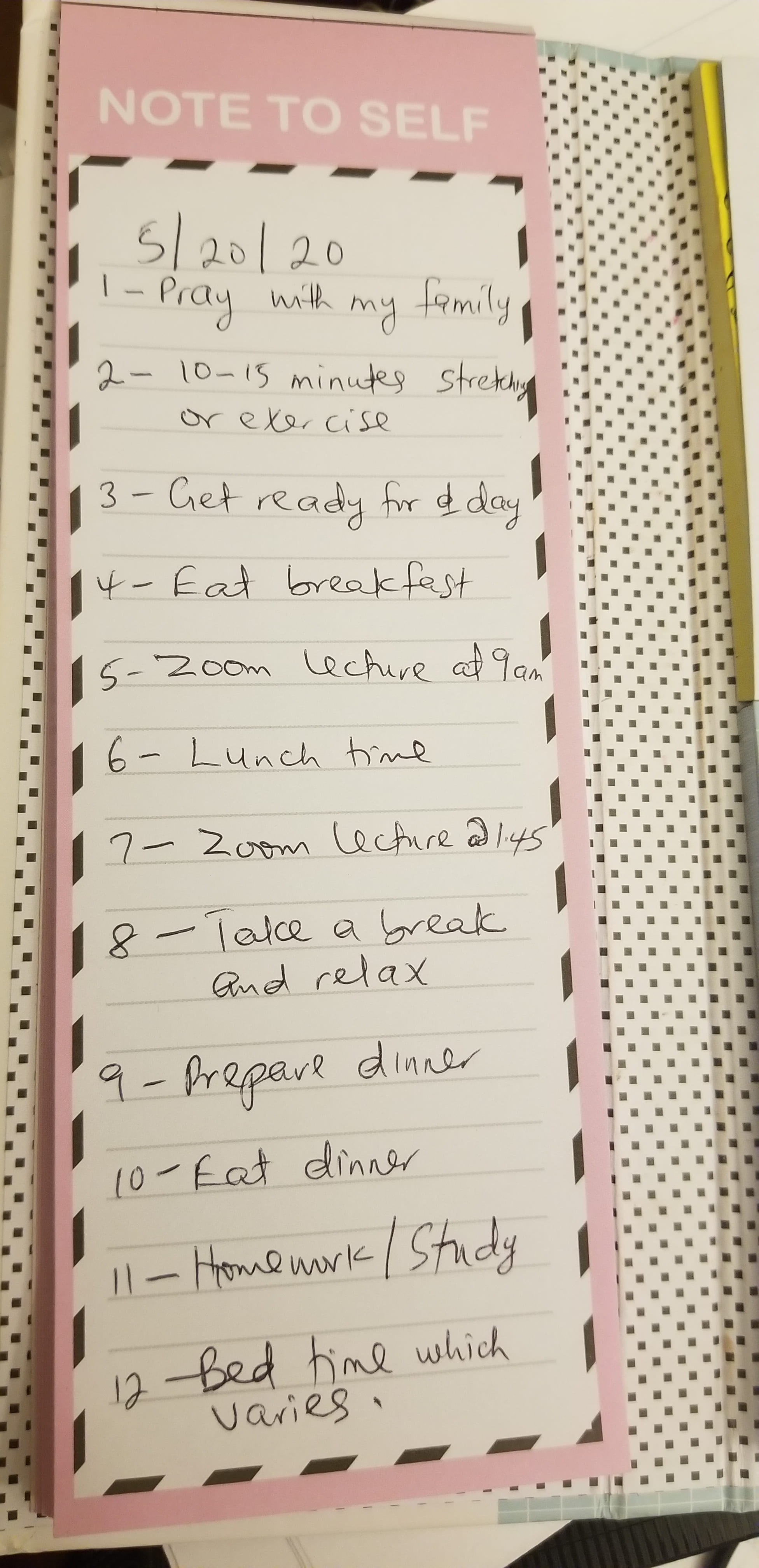 Image of a 12 item to-do list for May 20, 2020. 