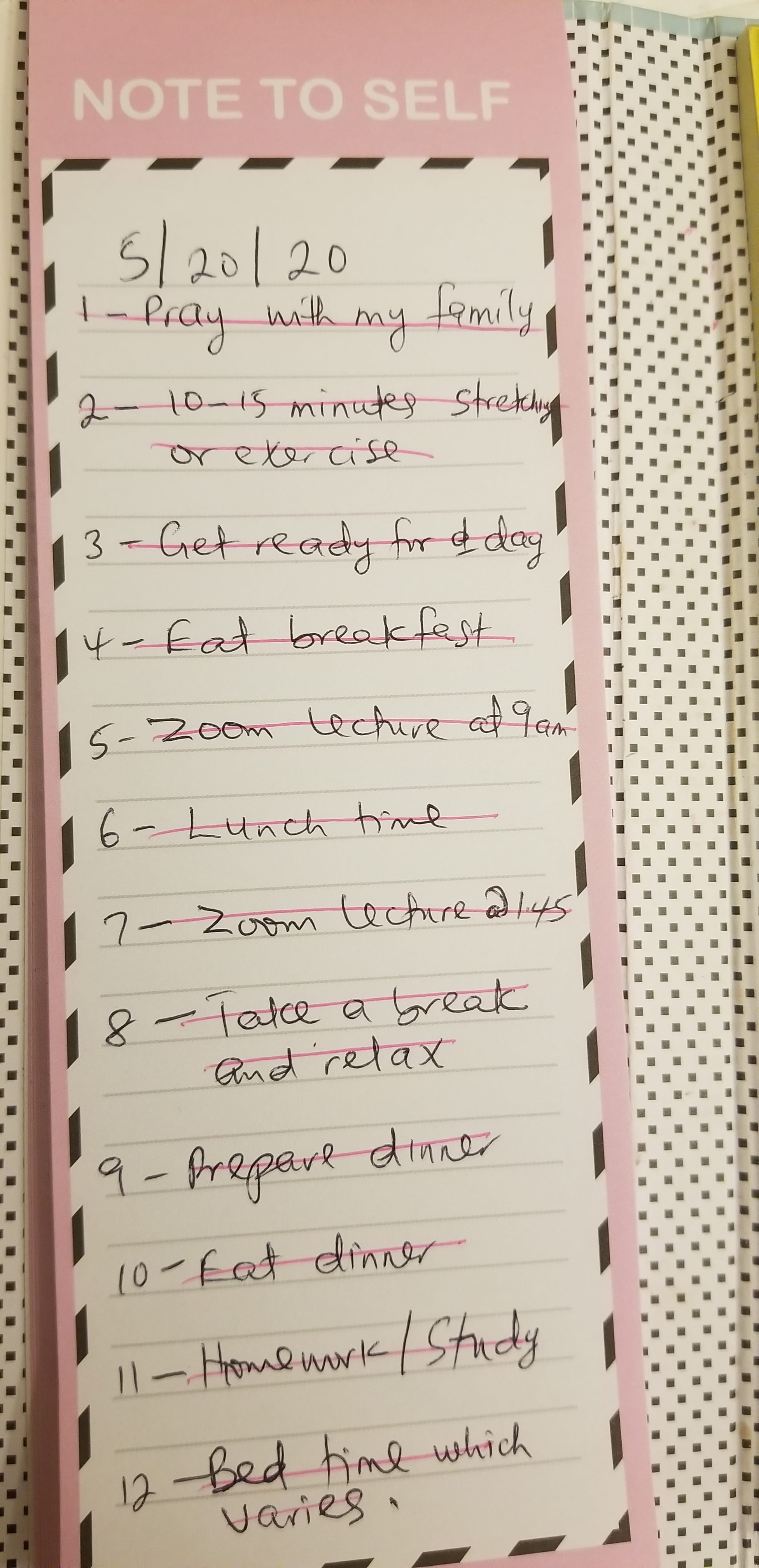 An image of a 12 item to-do list for May 20, 2020, with each item crossed out. 