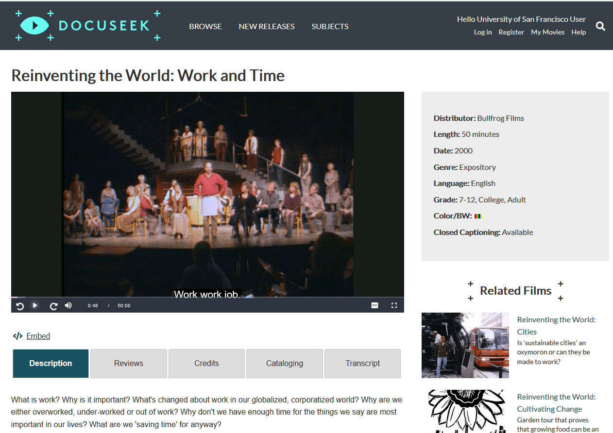 screenshot of Docuseek web page; shows video interface and still from movie Reinventing the World: Work and Time
