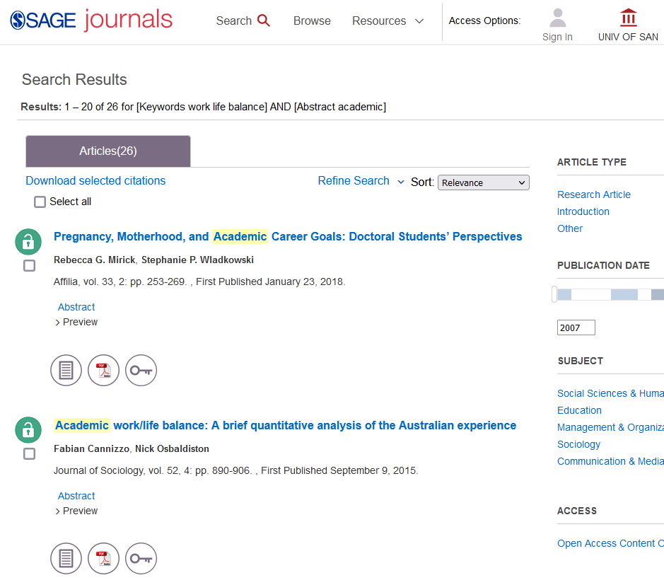 screenshot of Sage Journals database; shows search results from Keywords equal work life balance and Abstract equals academic