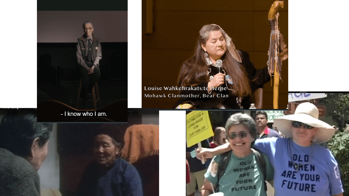 Still frames from selected Docuseek films: (clockwise from top left) No Time to Waste:  the urgent mission of Betty Reid Soskin; Without a Whisper: Konnon:kwe; Look Us in the Eye: The Old Women's Project; Half The Sky: The Women of the Jiang Family. 