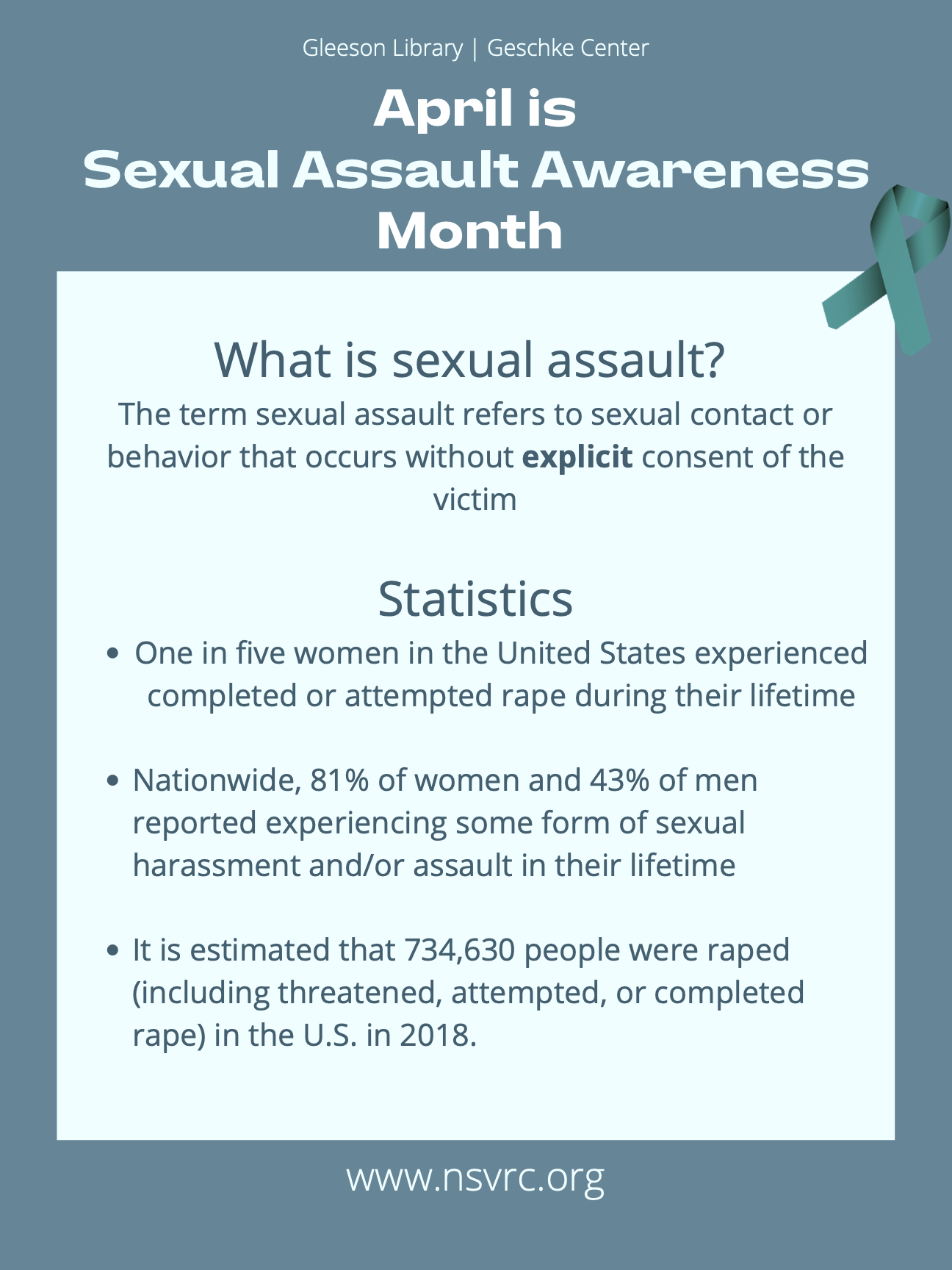 A flyer with the definition of sexual assault and statistics.