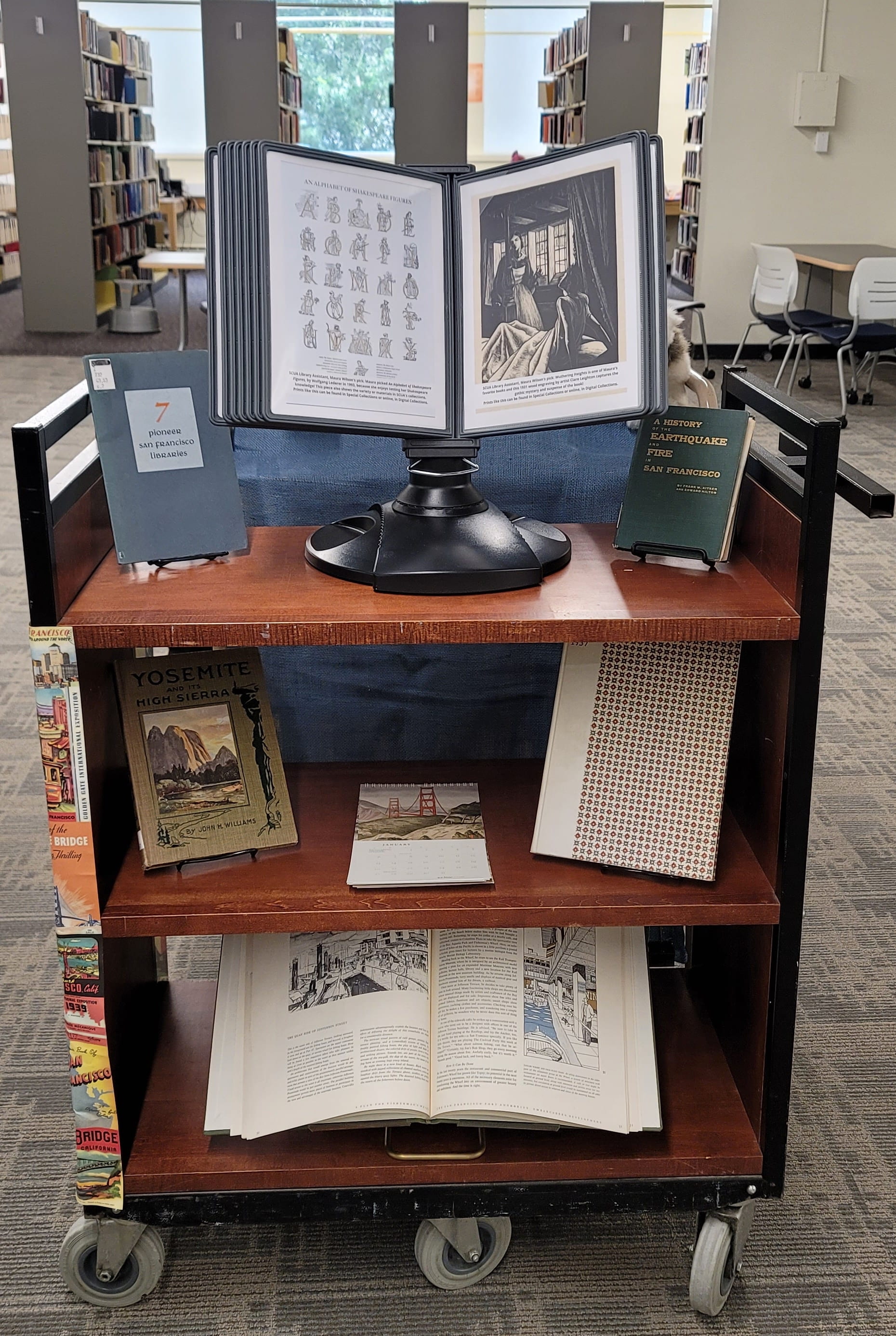 An image of the final Special Collections & University Archives library cart display, showing a 3 shelved cart with the staff selections displayed in an album-style holder on the top shelf and the lower two shelves full of books from Special Collections