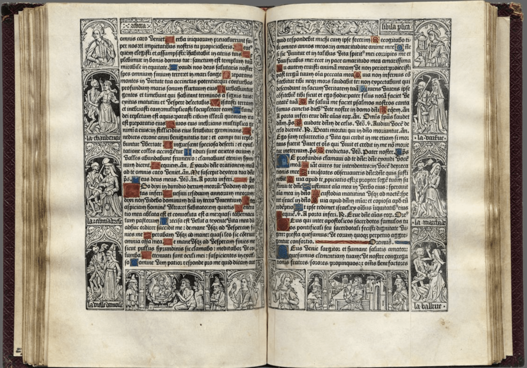 Illuminated manuscript pages titled "La Danse Macabre" from a 1497 Book of Hours called the "Hore intemerate Virginis Marie secundum usum Romane curie incipiunt feliciter."