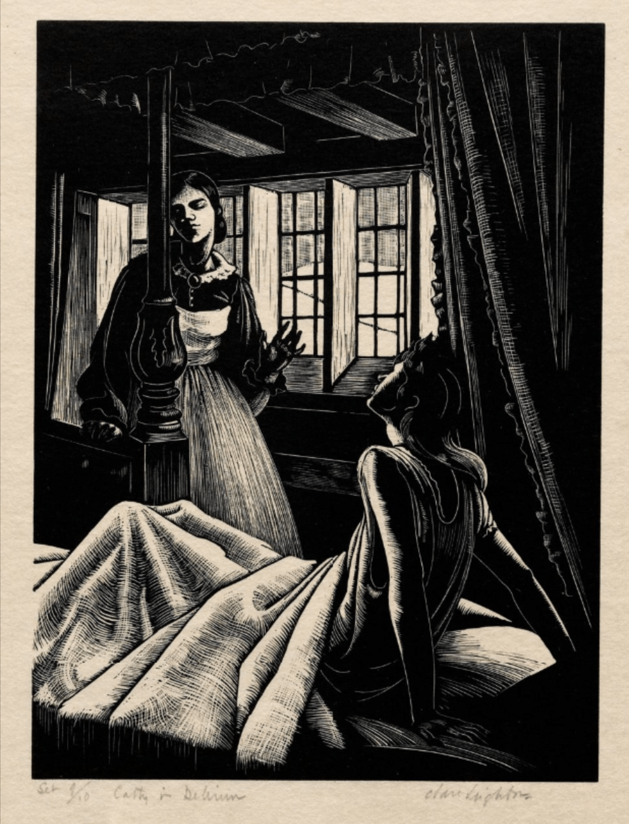 "Cathy in Delirium," printed in 1931 by Claire Leighton. A black and white print depicting a scene from Emily Bronte's "Wuthering Heights."