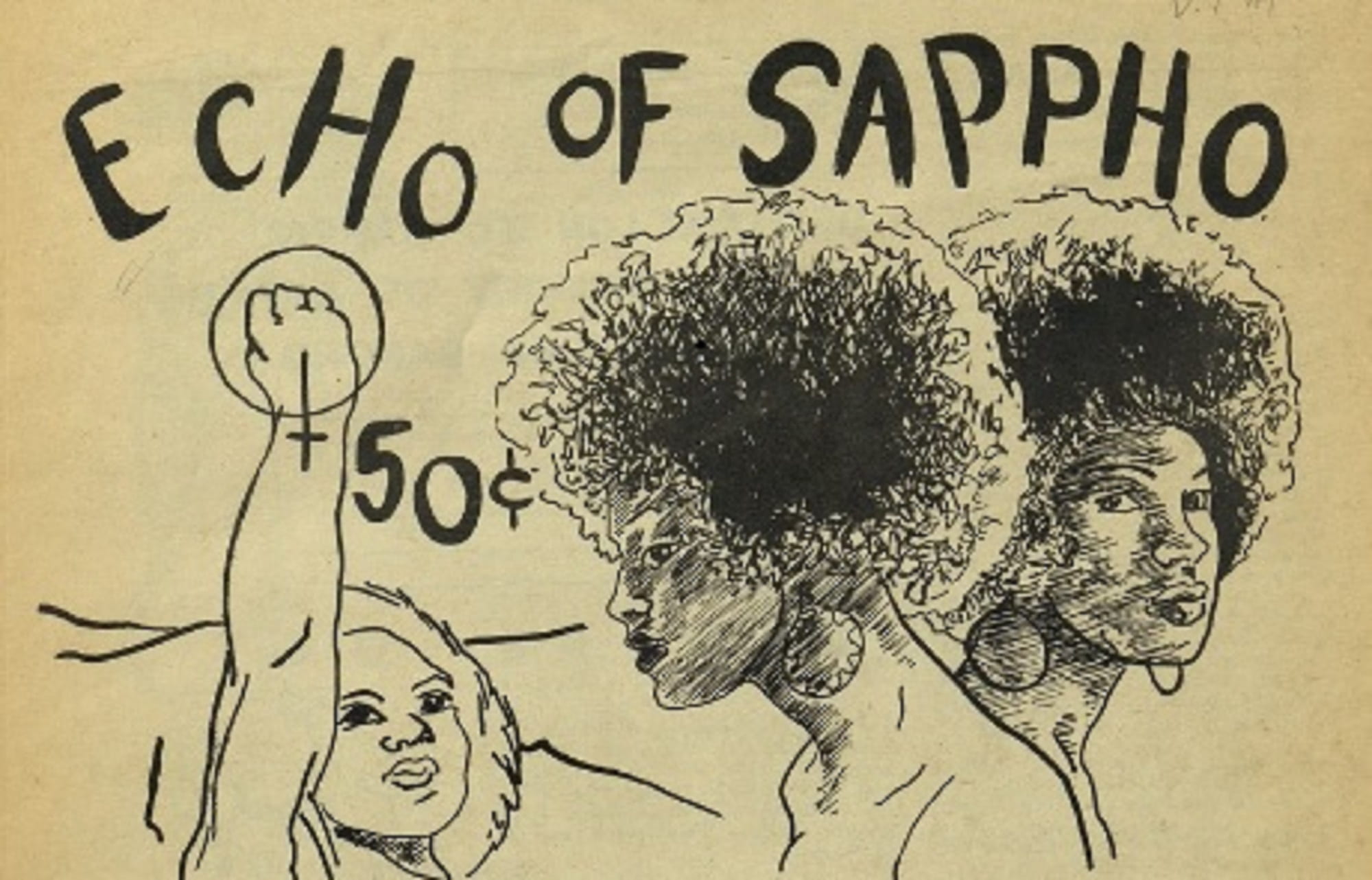 cropped cover of small press mag ECHO OF SAPPHO featuring Black women with afros and woman with fist raised