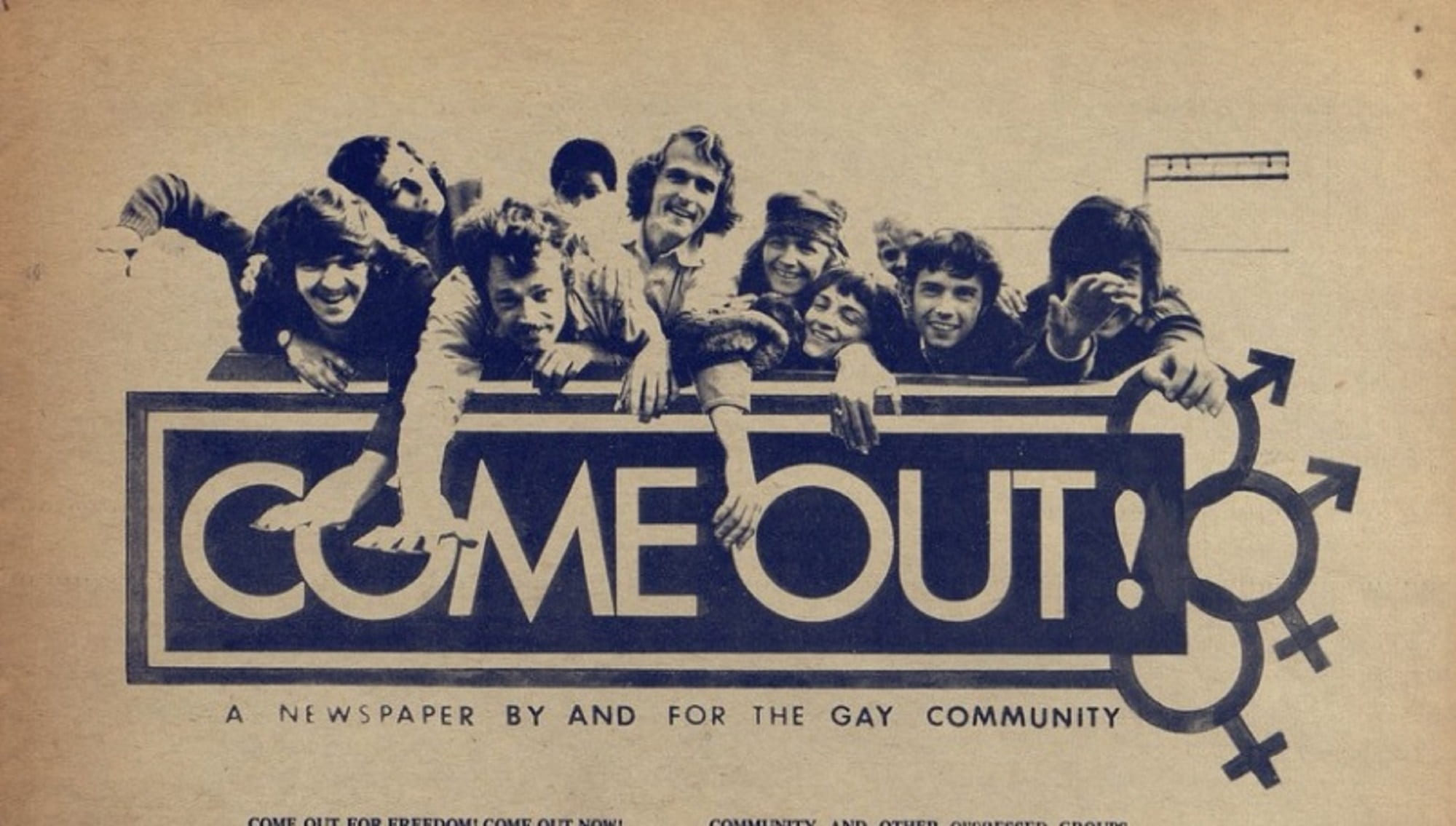 cropped cover of Come Out magazine with exuberant men huddled together