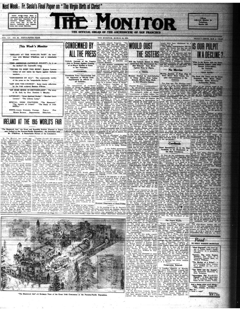 Front page of The Monitor March 14, 1914 with headline "Ireland at the 1915 World's fair"
