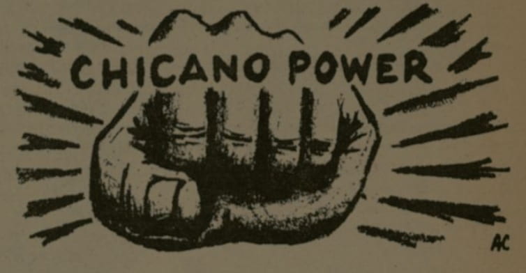 image of clenched fist with "chicano power" emblazoned across