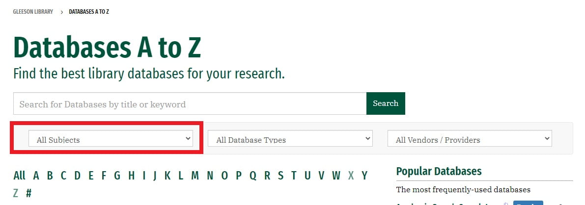 databases a-to-z Subject dropdown menu highlighted