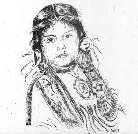 drawing of young Native American girl in traditional garb