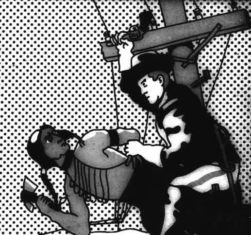 comic book homage depiction of U.S. Calvary officer tussling with Native American warrior