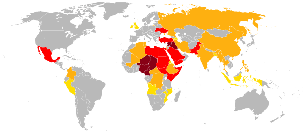global map displaying areas experiencing armed conflict