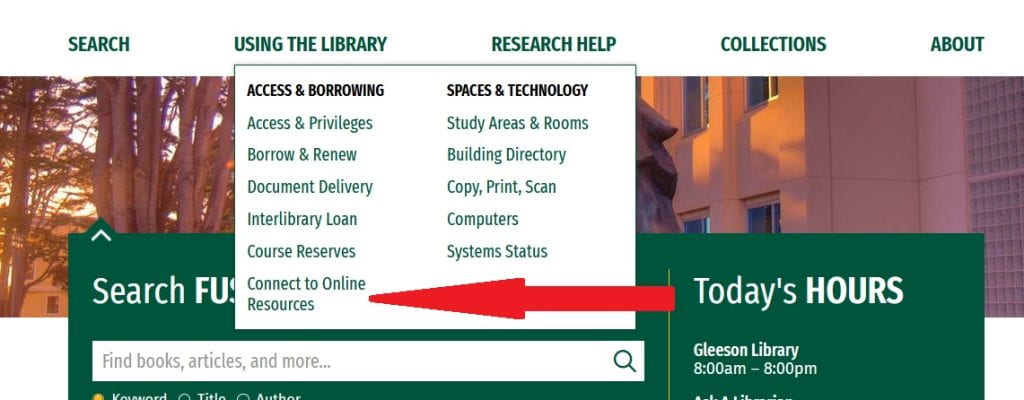 screenshot of Gleeson drop down menu with link "connect to online resources" highlighted