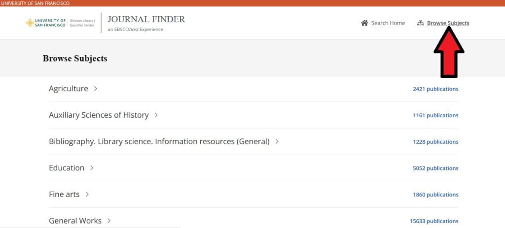 screenshot of Journal Finder "subjects" page