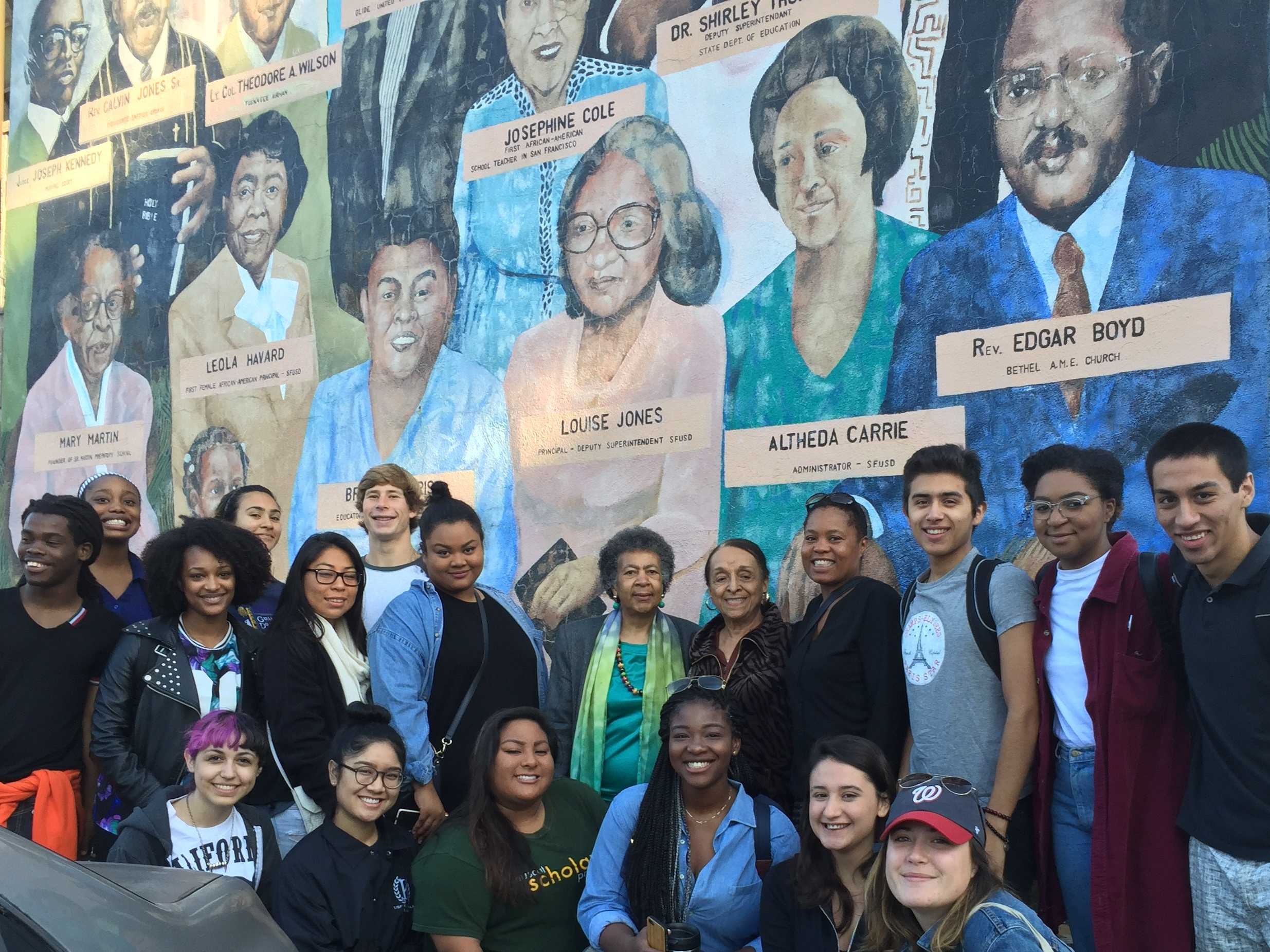 Students in front of community center mural