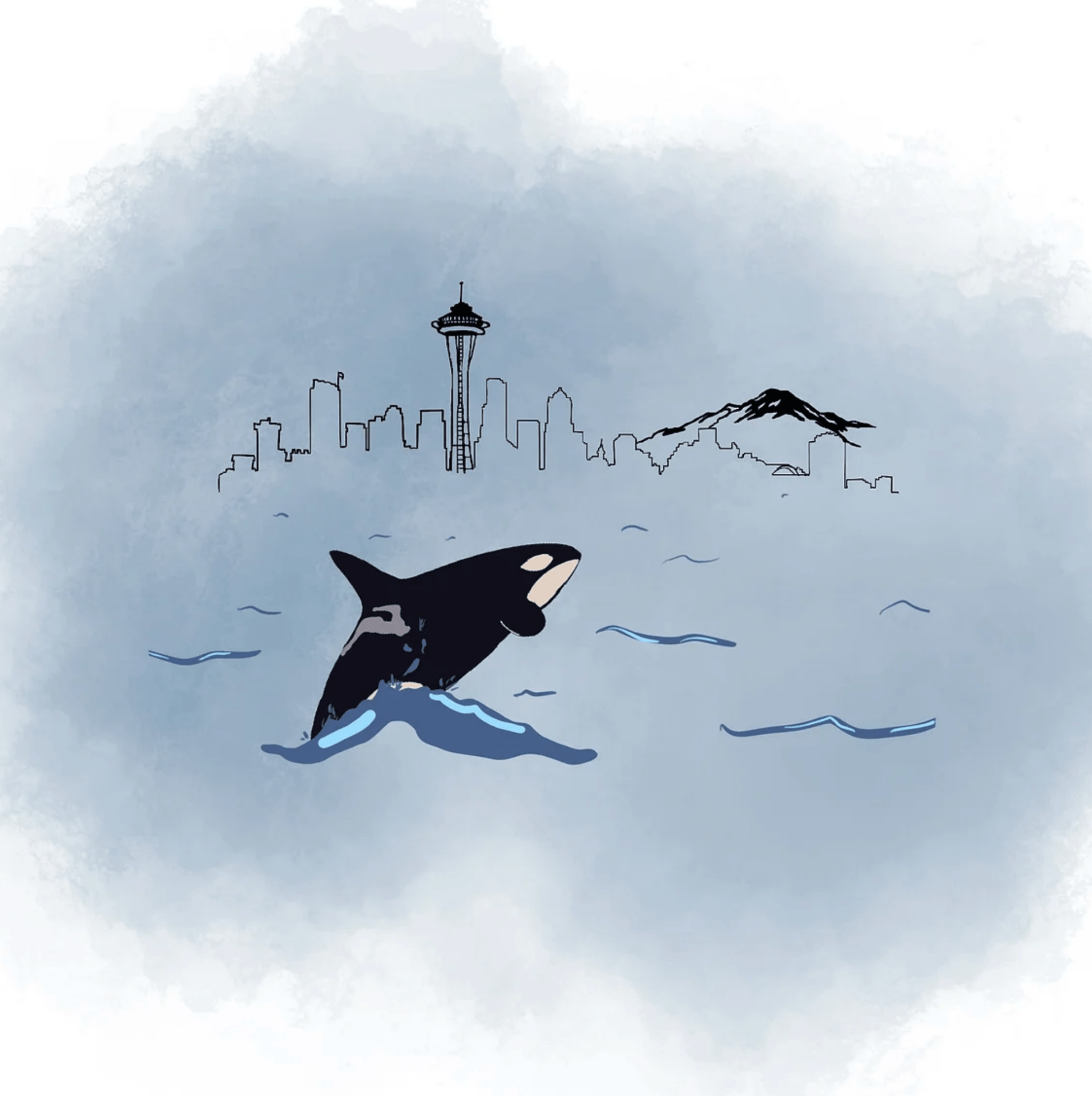 drawing of a whale jumping out of the water in front of the Seattle skyline