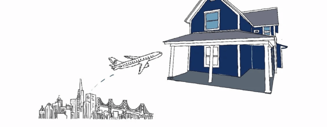 drawing of an airplane flying from the San Francisco skyline to a small farmhouse