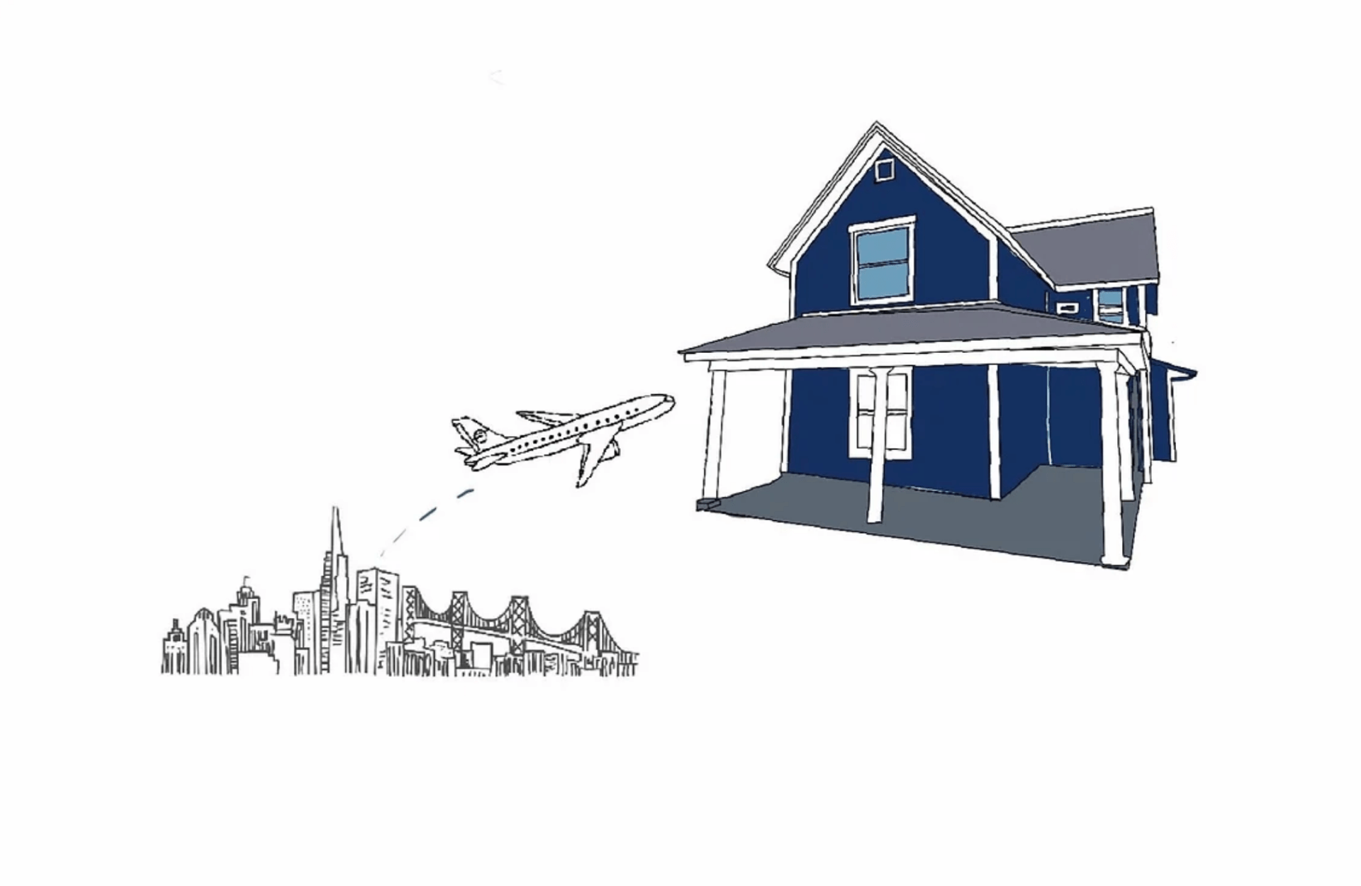 drawing of an airplane flying from the San Francisco skyline to a small farmhouse