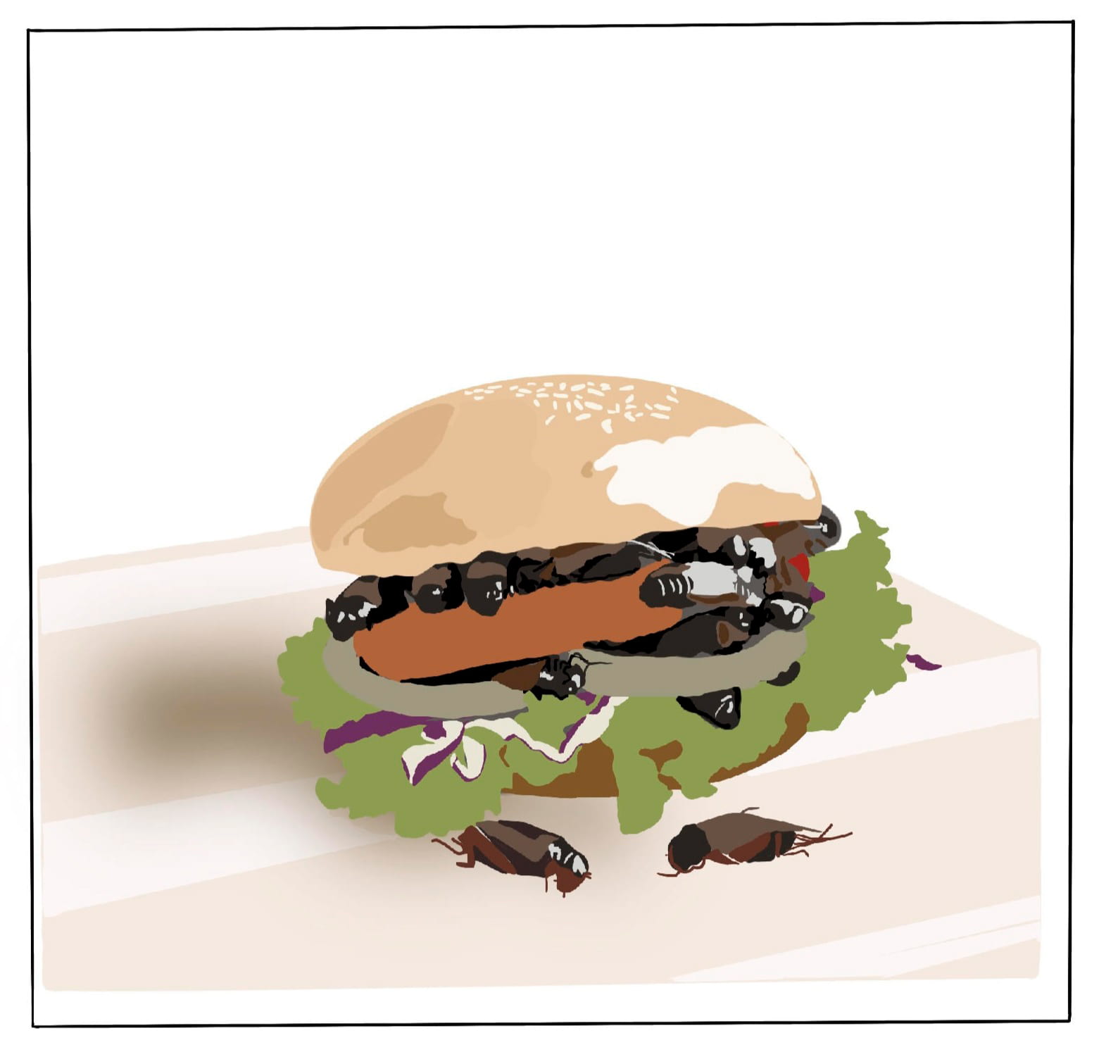 an illustration of a burger made out of crickets with lettuce and tomato on a sesame bun