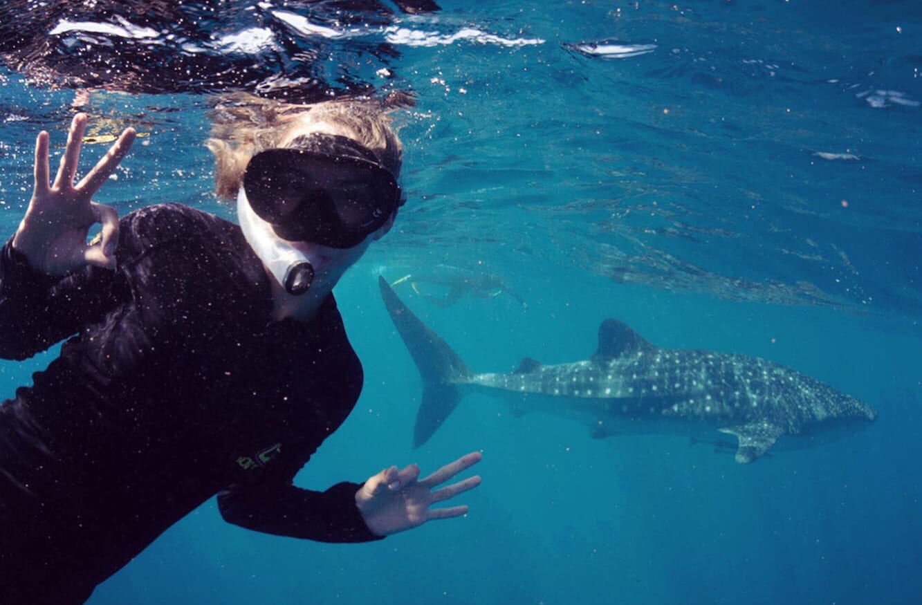 a young woman scuba diving with a shark in the background