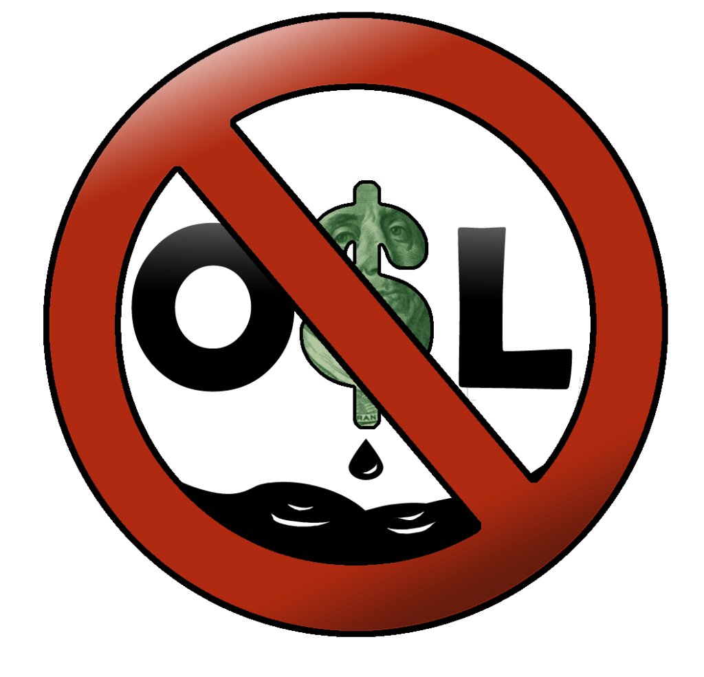illustration of the word "oil" with the letter "i" drawn as a dollar sign and a line crossing through the word to symbolize our need to end our ties with oil