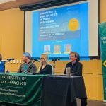 Professor Stephanie Siehr facilitating the “Wind and Watts, Wings and Water: California Offshore Wind” discussion with Rick Umoff, Marg Daly, and Whitney Grover during USF’s Earth Week and San Francisco Climate Week