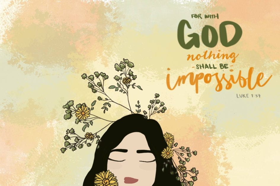 artwork with a women with flowers in her hair with the text for with god nothing shall be impossible