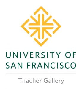 USF's yellow triangular Logo, University Of San Francisco in green font, and under a line, in grey: Thacher Gallery 