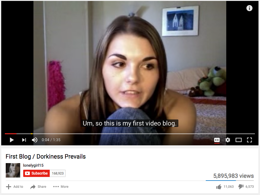 screenshot of lonelygirl15 video blog -- a young woman in medium close-up addressing the camera