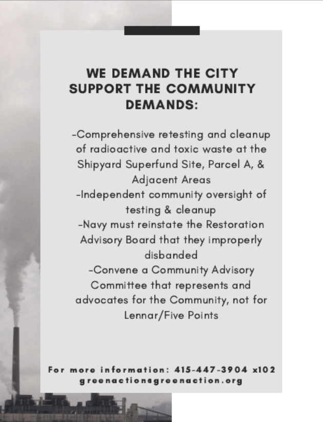 The demands of the BVHP, with text stating "We demand the city support the community demands: Comprehensive retesting and cleanup of radioactive and toxic waste at the Shipyard Superfund Site, Parcel A, & Adjacent Areas, Independent community oversight of testing and cleanup, Navy must reinstate the Restoration Advisory Board that they improperly disbanded, Convene a Community Advisory Committee that represents and advocates for the Community, not for Lennar/Five Points".