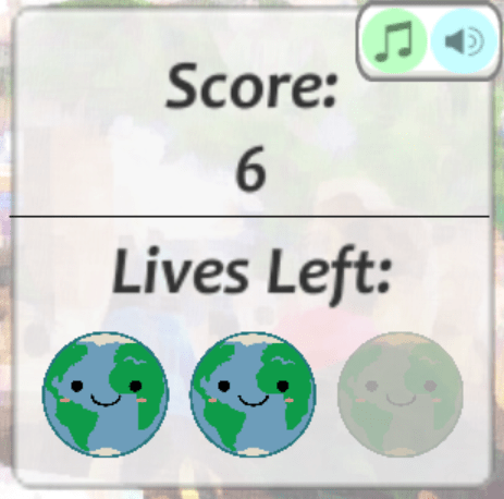 The in game menu which depicts the user's score and remaining lives, with each life being depicted as a tiny planet earth.