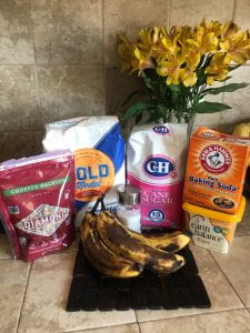 All the required ingredients for banana muffins.