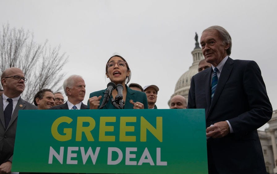 Alexandria Ocasio-Cortez speaks during a press conference to announce the “Green New Deal” on February 7, 2019. (AP Images / dpa, Alex Edelman)