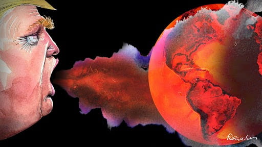 A graphic depicting President Trump breathing hot air on the globe.