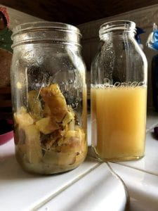 Two jars, one filled with apple scraps and the other filled with apple cider vinegar.