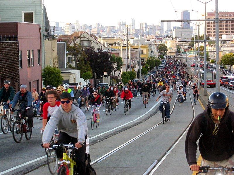 Cyclists riding on the street during Critical Mass.