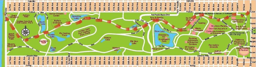 Map of Golden Gate Park showing bike route from USF to Ocean Beach.
