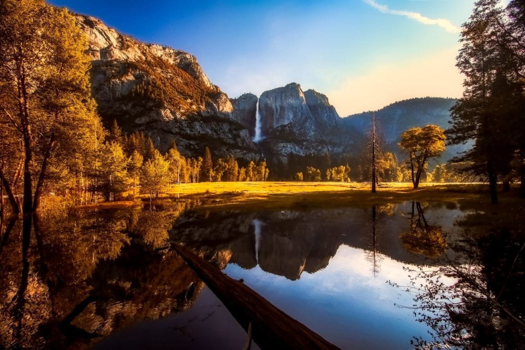 View of Yosemite Falls from south bank of Merced River in Yosemite National Park.